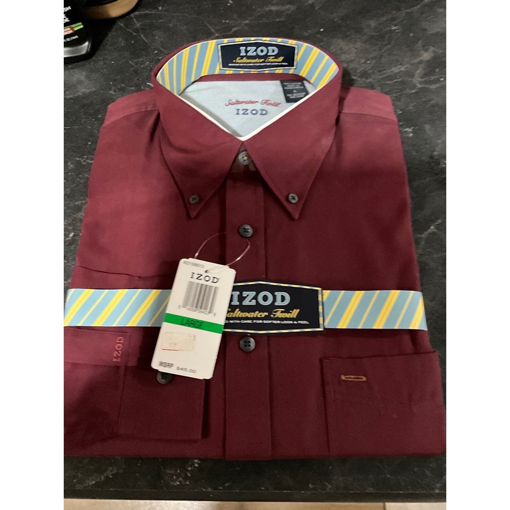 IZOD Saltwater Twill Mens Lrge Burgundy Long Sleeve Button Down Cotton Shirt NEW